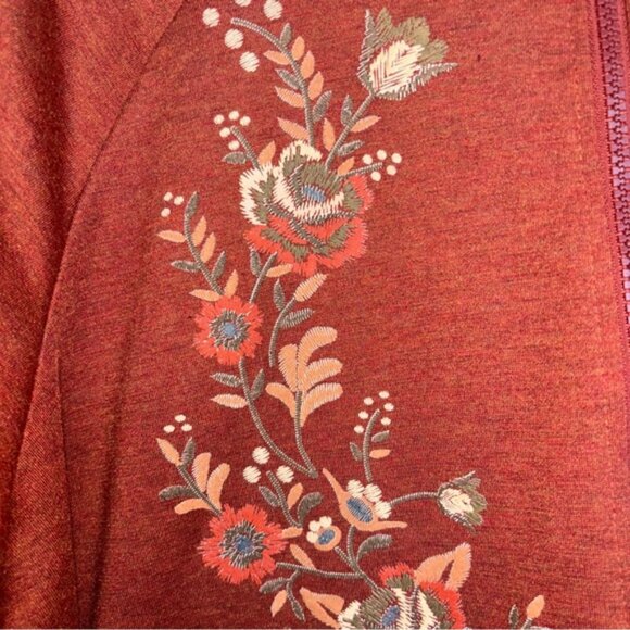 ONE WORLD Womens Large Rust Brick Red Stamped Design Jacket Zip Sweater Autumn - Picture 6 of 8